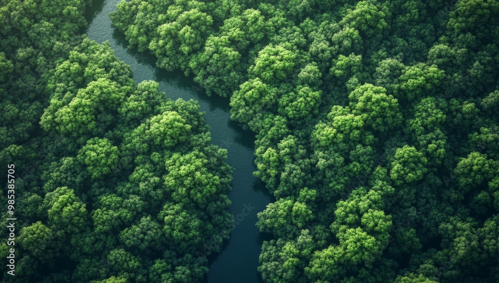 An aerial view of a winding river through a lush green forest canopy. An aerial view of a winding river through a lush green forest canopy.