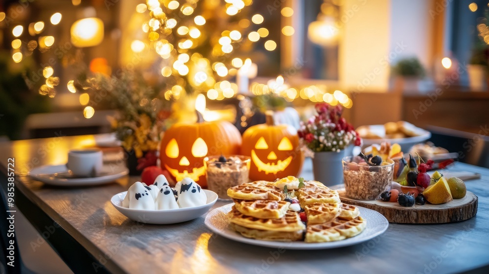 Fototapeta premium A cozy family Halloween breakfast with jack-o-lantern pancakes ghost waffles