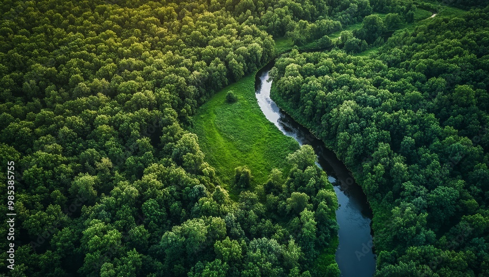 Aerial view of a winding river flowing through a dense green forest. Aerial view of a winding river flowing through a dense green forest.