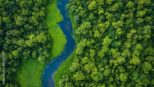 Aerial view of a river winding through a dense forest.