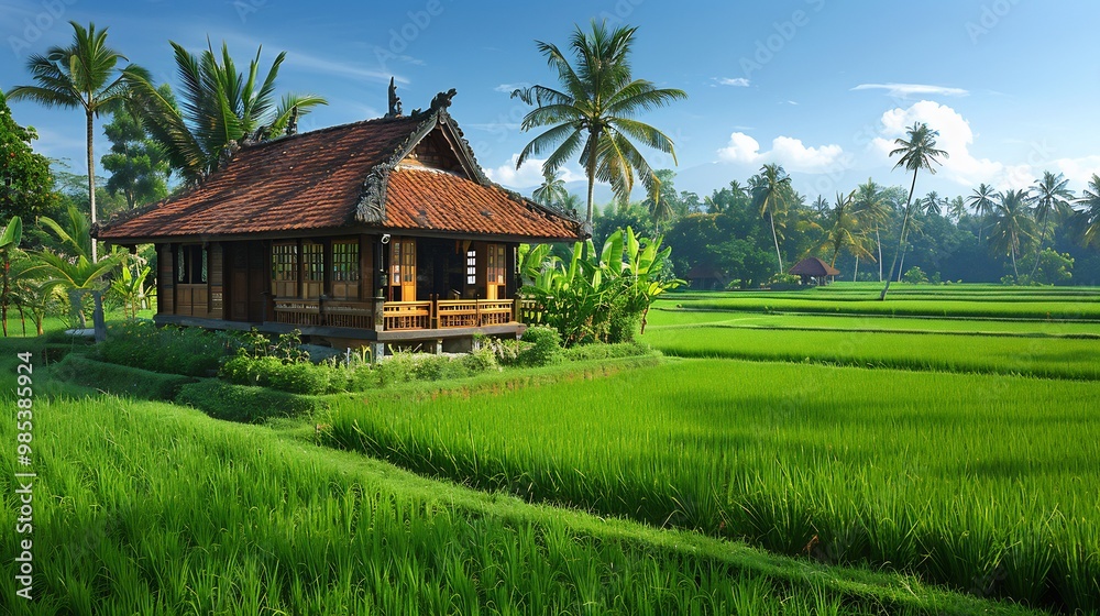 Lush green rice paddy in Bali with a small wooden hut nestled among the fields and palm trees swaying gently in the breeze Lush green rice paddy in Bali with a small wooden hut nestled among the fields and palm trees swaying gently in the breeze