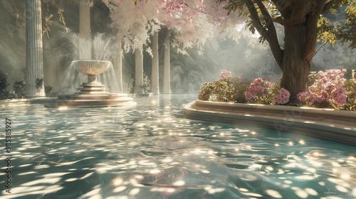 A photo of an elegant Greek garden, with clear water flowing in the foreground and reflecting light on its surface. 