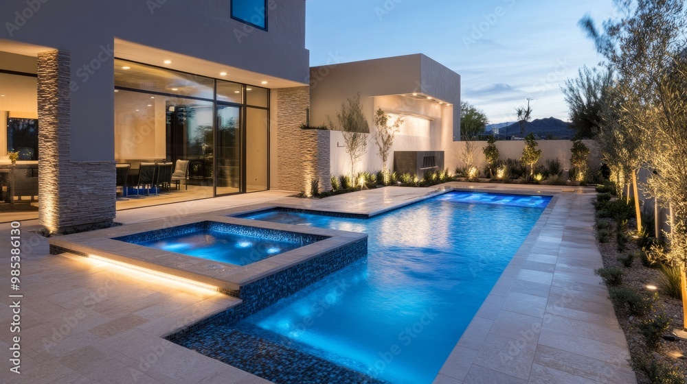 Contemporary pool design with built-in hot tub, modern lighting, and sleek stone accents around the poolside. Contemporary pool design with built-in hot tub, modern lighting, and sleek stone accents around the poolside.