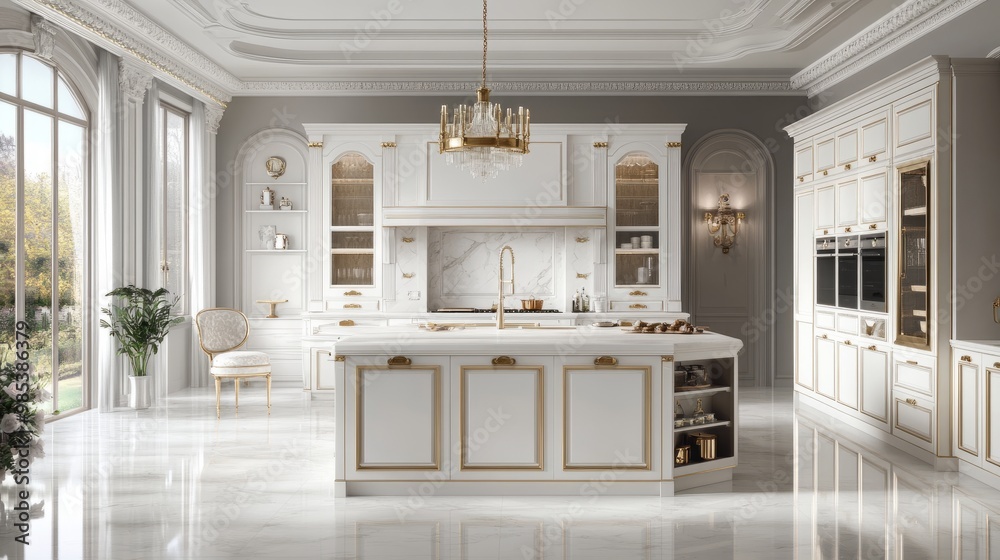 Elegant kitchen with an all-white palette, gold hardware, and a large island, perfect for hosting and everyday cooking. Elegant kitchen with an all-white palette, gold hardware, and a large island, perfect for hosting and everyday cooking.