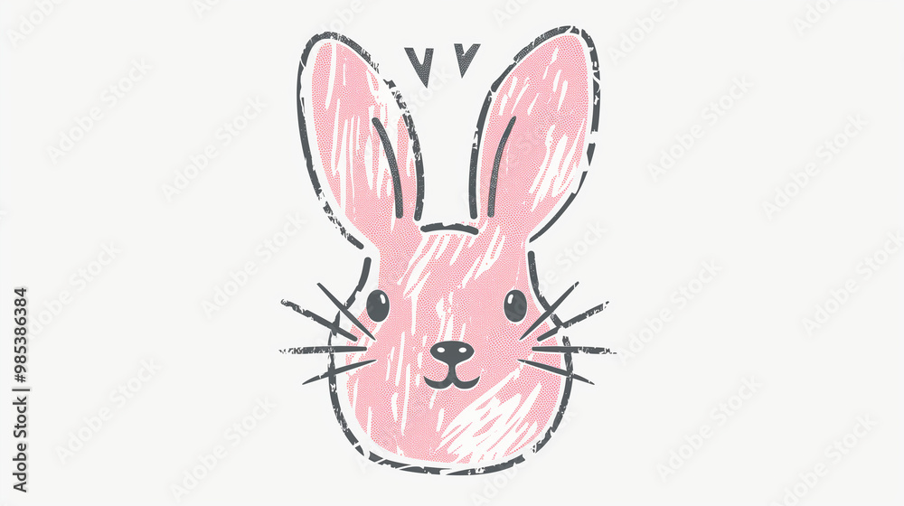 lino cut illustration of simple cute bunny head, pink on white background, children's book style lino cut illustration of simple cute bunny head, pink on white background, children's book style