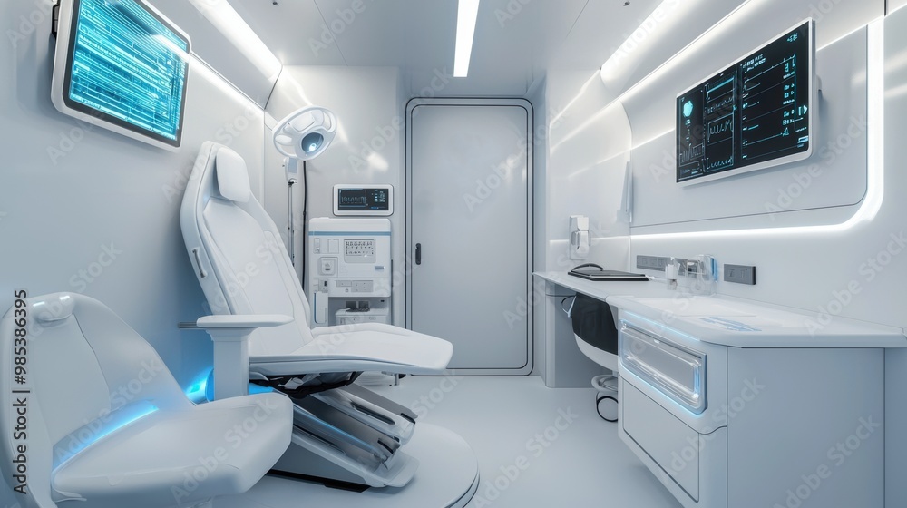 AI-powered diagnostics setup in a mobile medical unit futuristic tech seamlessly integrated into the compact space sterile background AI-powered diagnostics setup in a mobile medical unit futuristic tech seamlessly integrated into the compact space sterile background