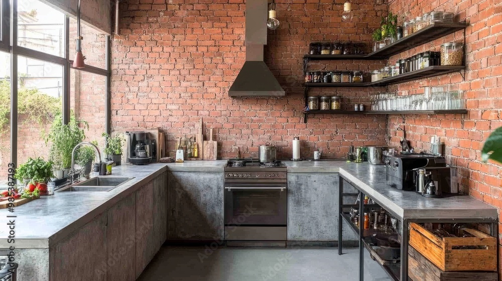Industrial-style kitchen with exposed brick walls, concrete countertops, and metal shelving units, giving it a raw, urban vibe. Industrial-style kitchen with exposed brick walls, concrete countertops, and metal shelving units, giving it a raw, urban vibe.