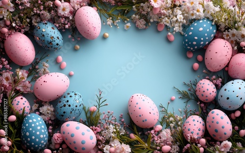 Colorful Easter eggs surrounded by delicate spring flowers on a soft blue background, creating a festive and cheerful ambiance. photo