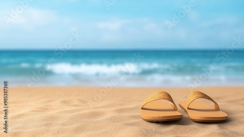 Close-up of sandals and beachwear designs on a sandy runway, with the waves gently reaching the edge of the stage Beach accessories, Runway footwear