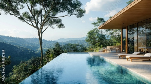 Infinity pool on a hillside property, offering panoramic views of mountains and forests, with a modern deck.