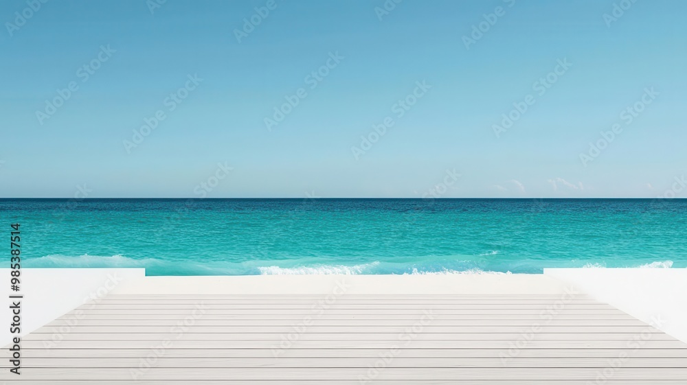 Fototapeta premium Fashion show runway set on a pristine white sand beach, with ocean waves crashing as the backdrop, showcasing luxury summer attire Luxury beachwear, Runway on the beach