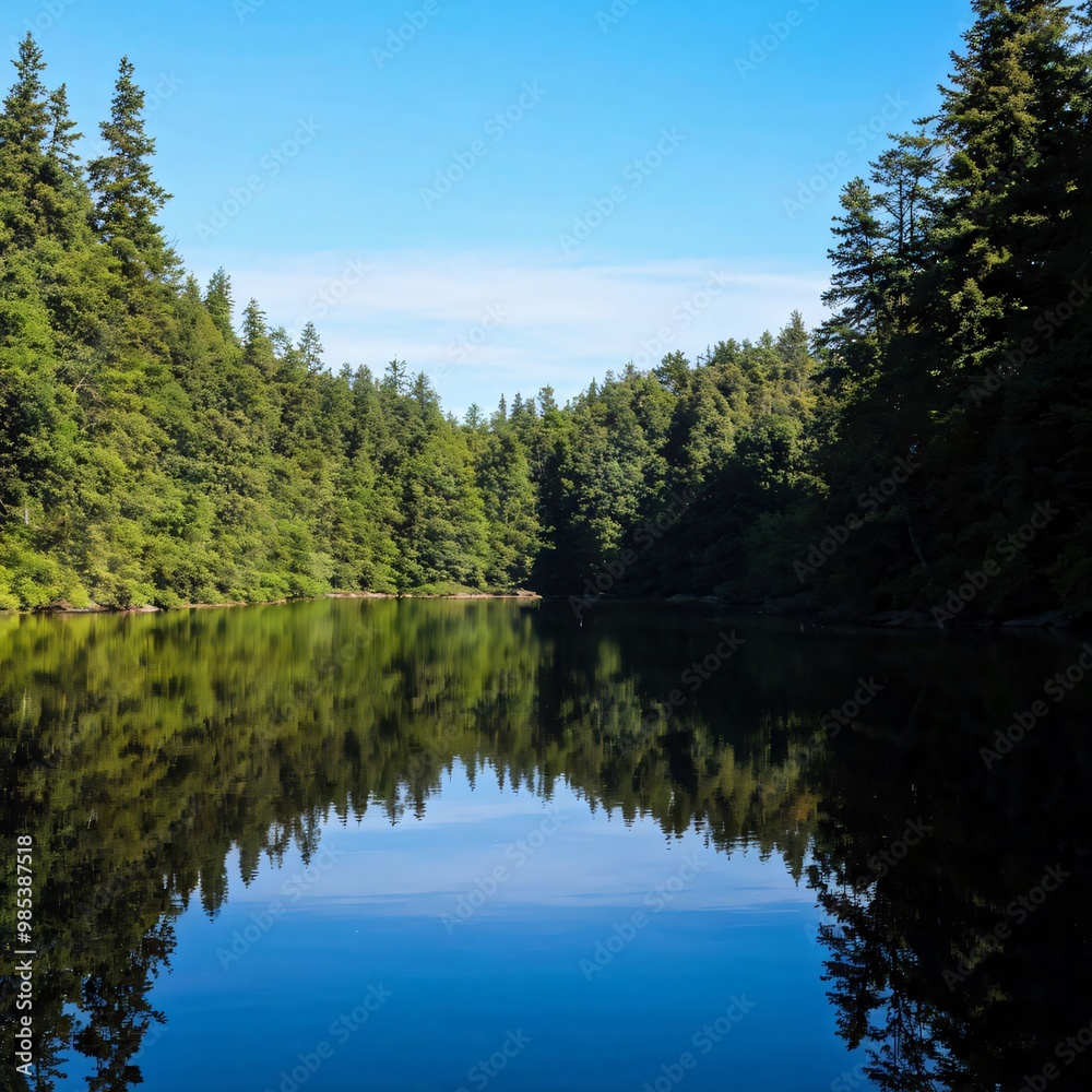 A tranquil lake surrounded by dense forest with reflections of the trees in the water A tranquil lake surrounded by dense forest with reflections of the trees in the water