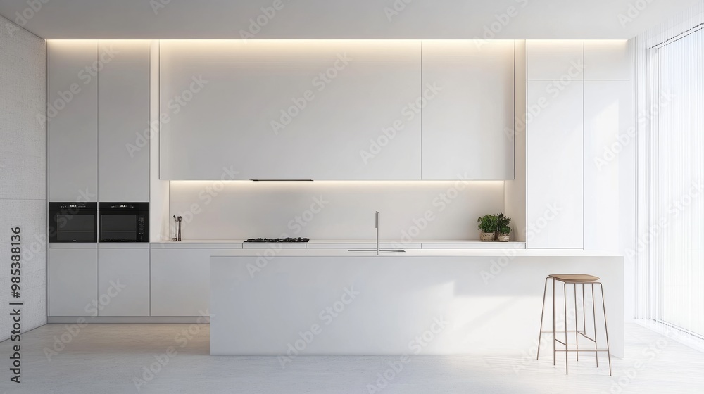 Fototapeta premium Minimalist kitchen design with all-white cabinetry, integrated appliances, and a clean, clutter-free countertop space