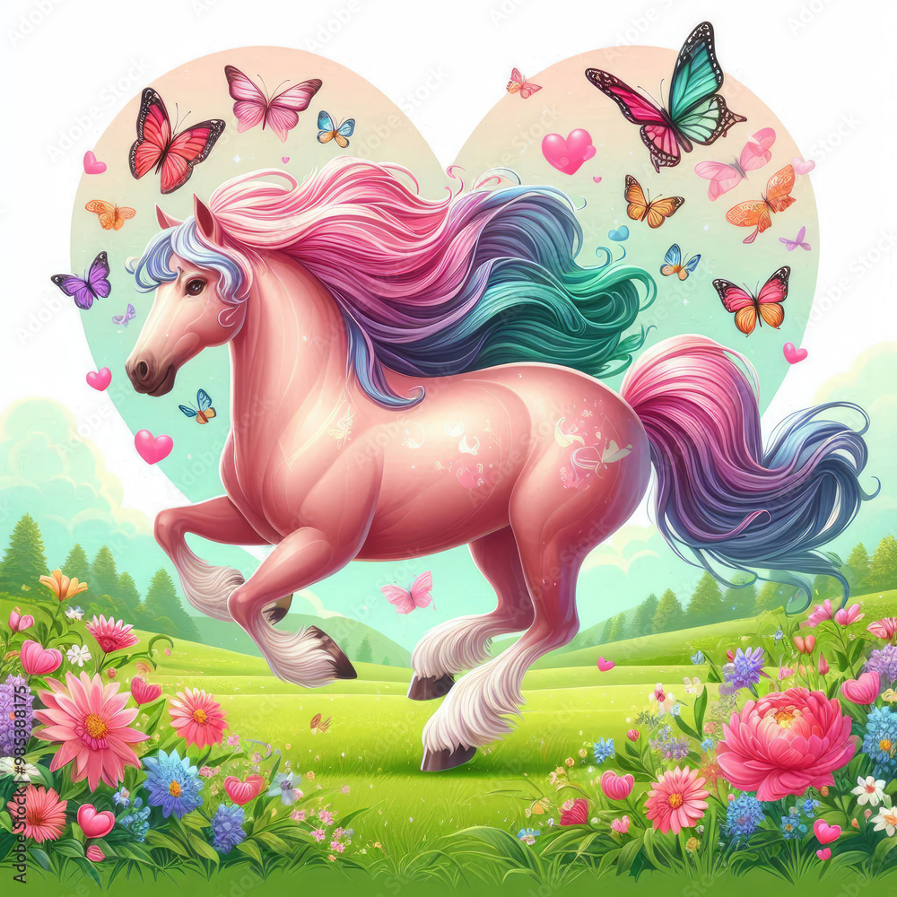 Fototapeta premium pink horse in field with butterflies