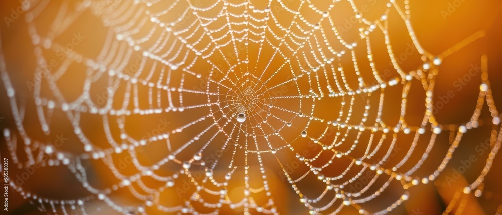Naklejka premium Delicate Spider Web with Dew Drops in Soft Light