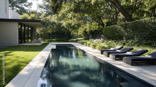 Modern backyard swimming pool with sleek  minimalistic design featuring a sun deck  lounge chairs  and lush greenery surrounding the water.