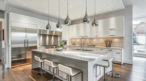 Modern kitchen with sleek white cabinets, stainless steel appliances, and a large center island with bar stools, under pendant lighting.