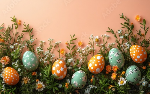 Colorful Easter eggs surrounded by vibrant flowers on a soft peach background, evoking a festive spring atmosphere. photo