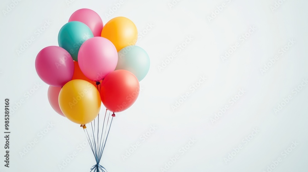 A bundle of multi-colored balloons tied together and set against a white background, conveying a joyful and festive vibe A bundle of multi-colored balloons tied together and set against a white background, conveying a joyful and festive vibe