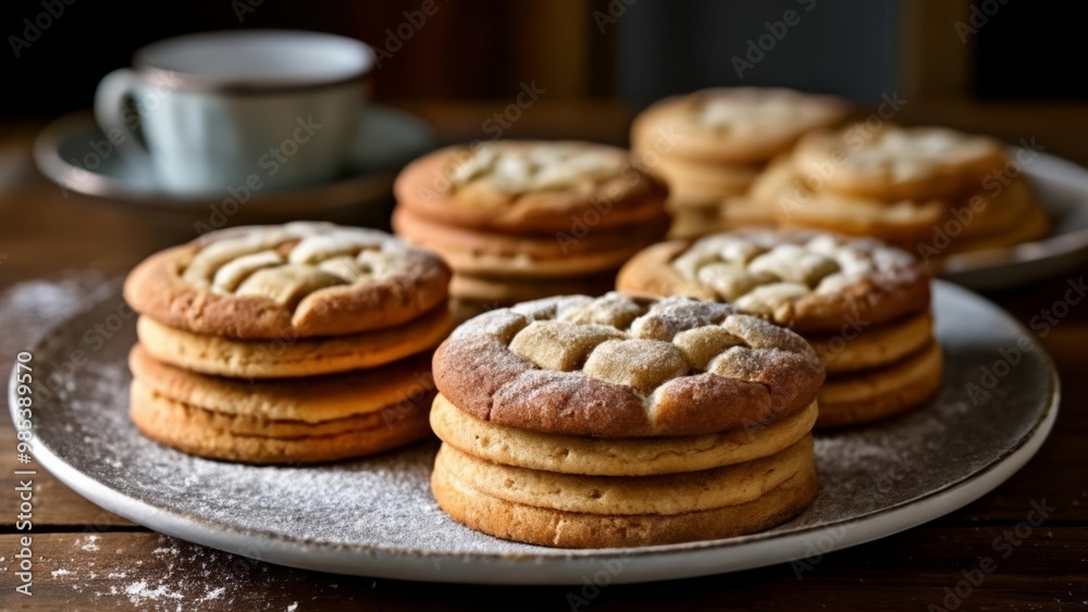 Deliciously stacked cookies on a plate ready to be enjoyed Deliciously stacked cookies on a plate ready to be enjoyed