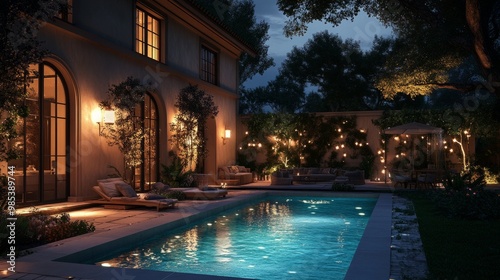 Nighttime view of a glowing swimming pool with underwater lights, surrounded by elegant outdoor furniture and a garden.