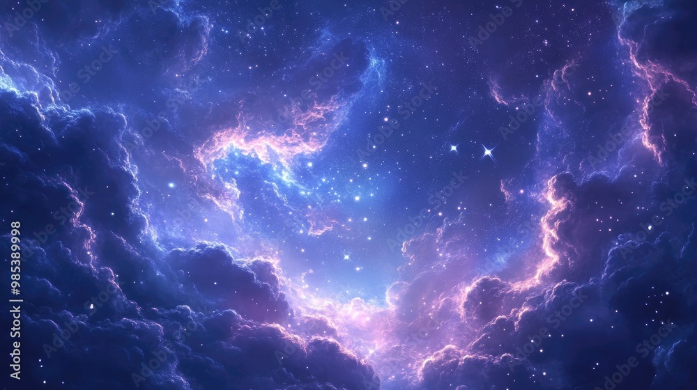 Beautiful, delicate stars shining softly in the night sky, against a dynamic, realistic backdrop of swirling cosmic clouds and light