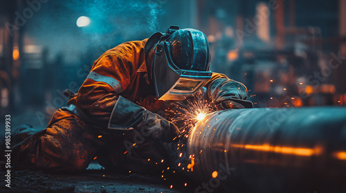 industrial welder working on pipeline with sparks and smoke photo