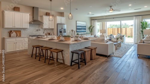 Open kitchen with a large island and breakfast bar, blending seamlessly into the living area, perfect for social gatherings