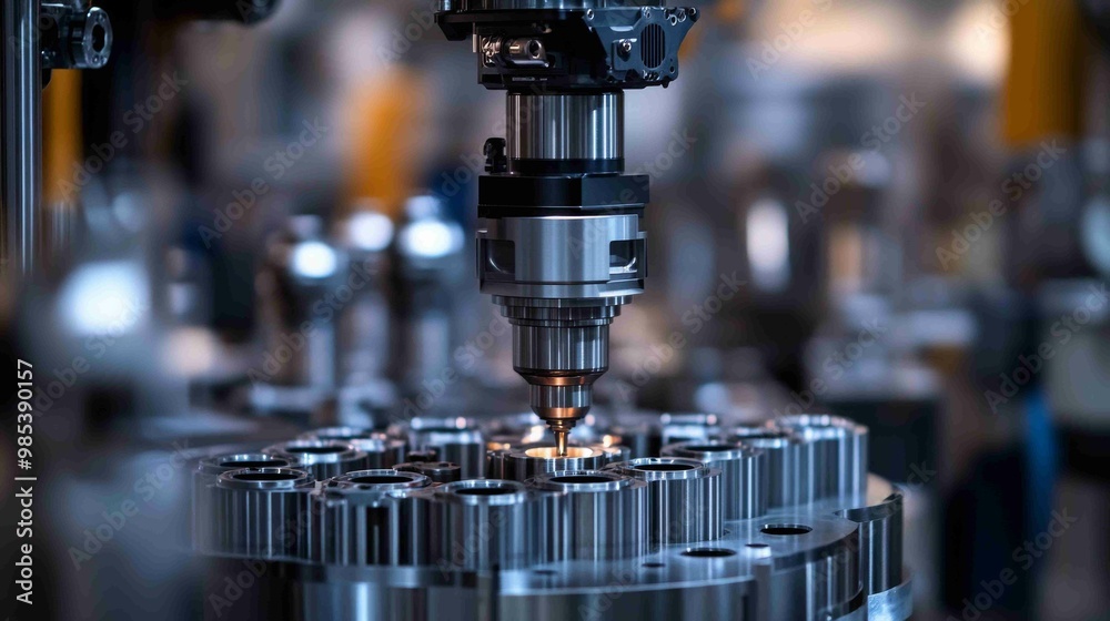 A high-tech machinery setup showing precision tools assembling metallic components in an industrial environment. A high-tech machinery setup showing precision tools assembling metallic components in an industrial environment.