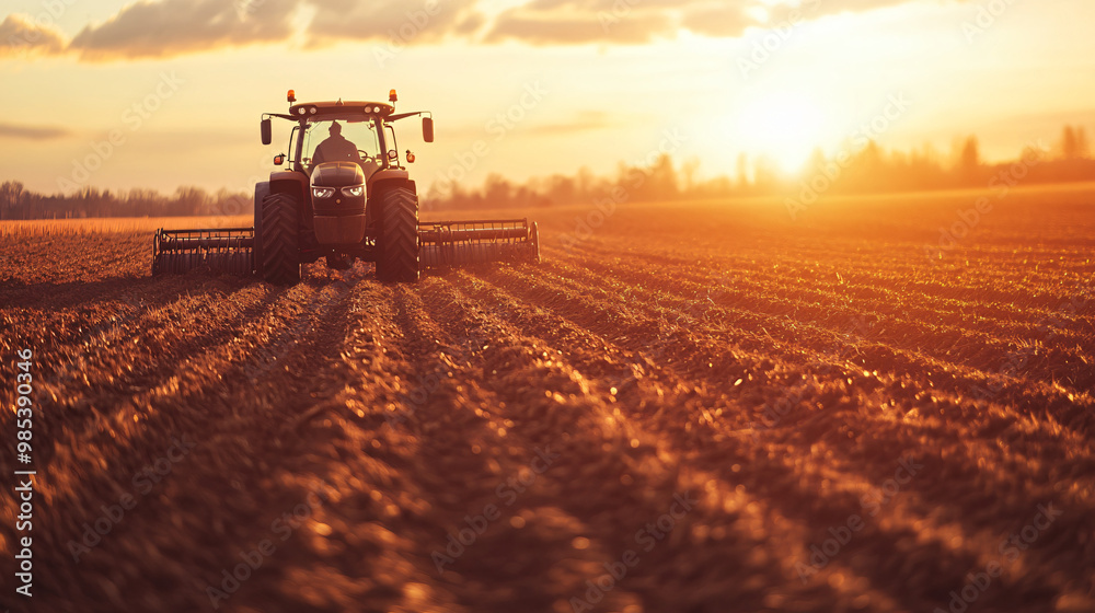 Fototapeta premium sunset tractor plowing field - golden hour farmland landscape photography