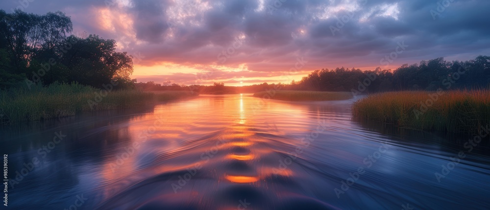 Fototapeta premium Serene Sunset Over Calm River Waters