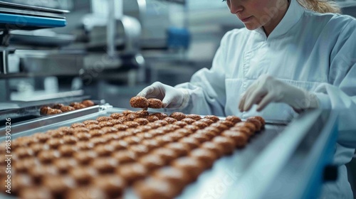 A focused worker in a lab coat meticulously arranging pastry items on a production line in a food manufacturing facility.