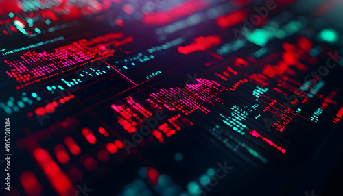 Abstract digital data and code on screen with red and green highlights.