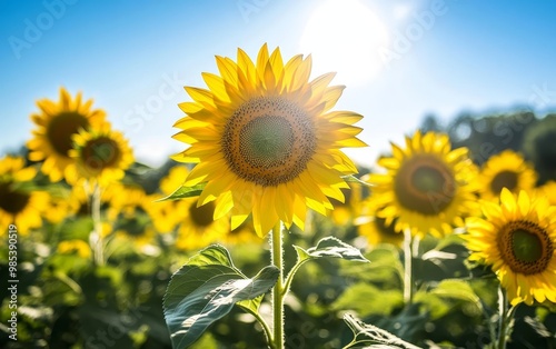 A close-up of a bright yellow sunflower in a field of sunflowers, with the sun shining brightly in the background.