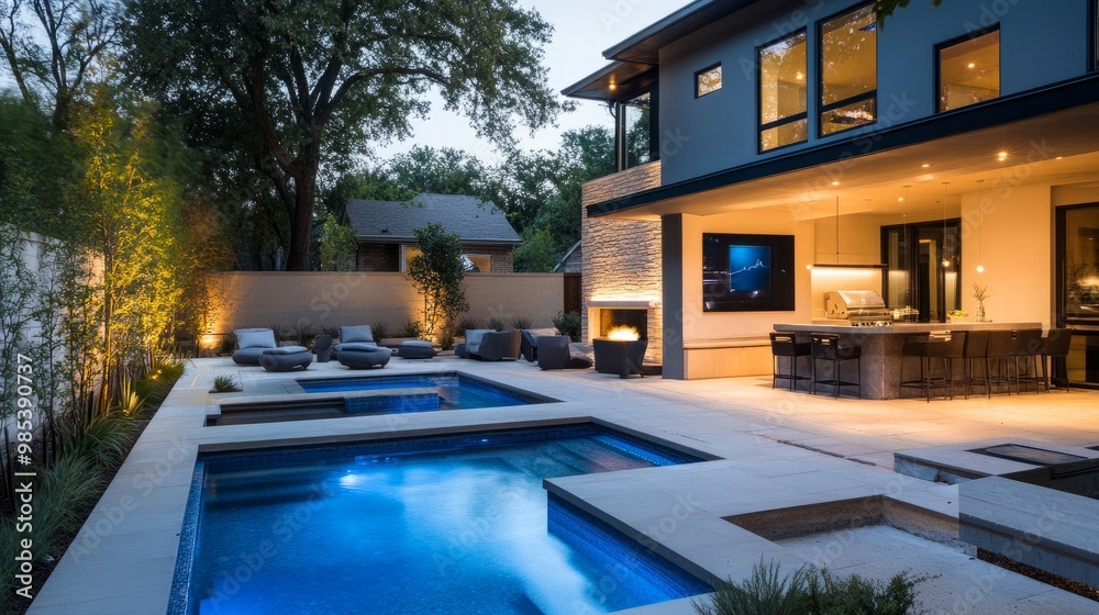 Poolside bar and lounge area next to a modern home, with soft outdoor lighting and comfortable seating for relaxation. Poolside bar and lounge area next to a modern home, with soft outdoor lighting and comfortable seating for relaxation.