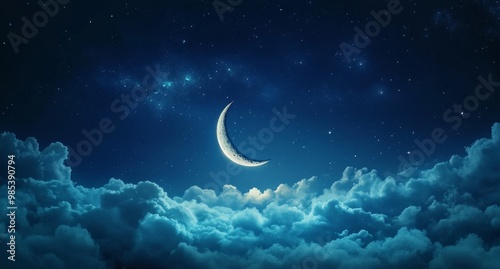 A crescent moon shines in the night sky above a sea of clouds, a backdrop of twinkling stars overhead.