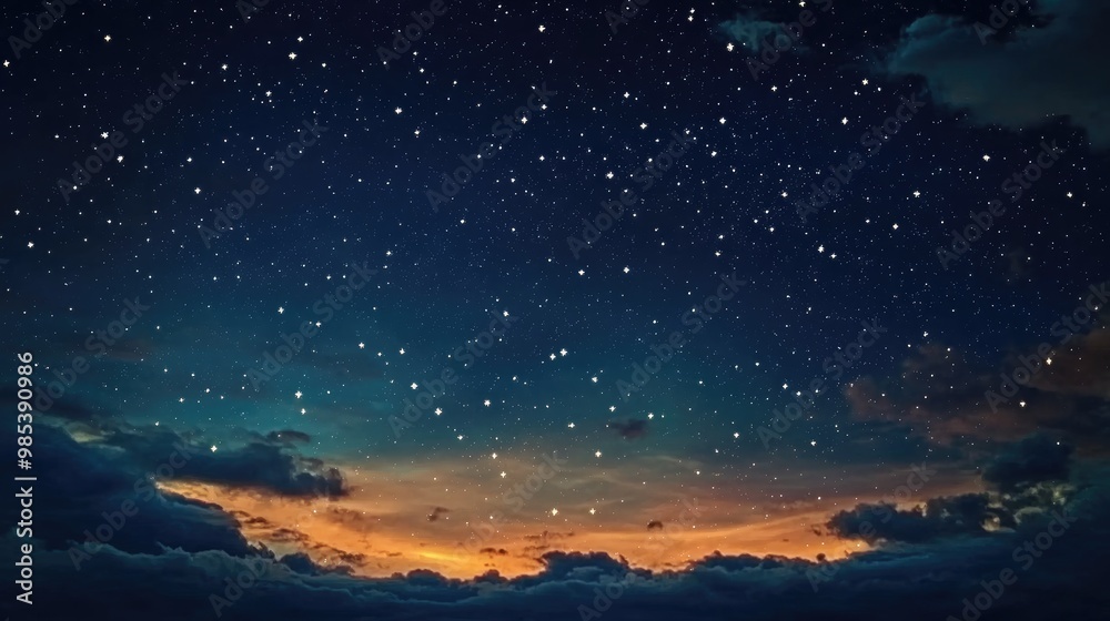 Elegant tiny stars twinkling across the evening sky, set against a dynamic, realistic background of deep space and gently glowing clouds Elegant tiny stars twinkling across the evening sky, set against a dynamic, realistic background of deep space and gently glowing clouds