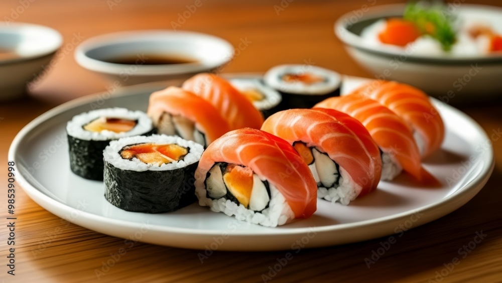 Delicious sushi feast on a wooden table Delicious sushi feast on a wooden table
