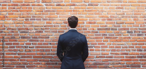 Wallpaper Mural A man in a suit stands against a textured brick wall, reflecting on life and choices in a professional setting. Torontodigital.ca