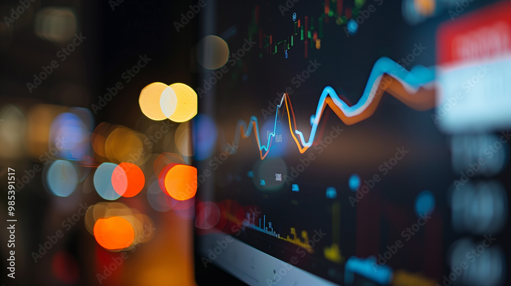 Close-up of digital screen showing downward-trending line graph symbolizing Fed rate cut, surrounded by financial charts and news headlines, key financial indicator visualization. Close-up of digital screen showing downward-trending line graph symbolizing Fed rate cut, surrounded by financial charts and news headlines, key financial indicator visualization.