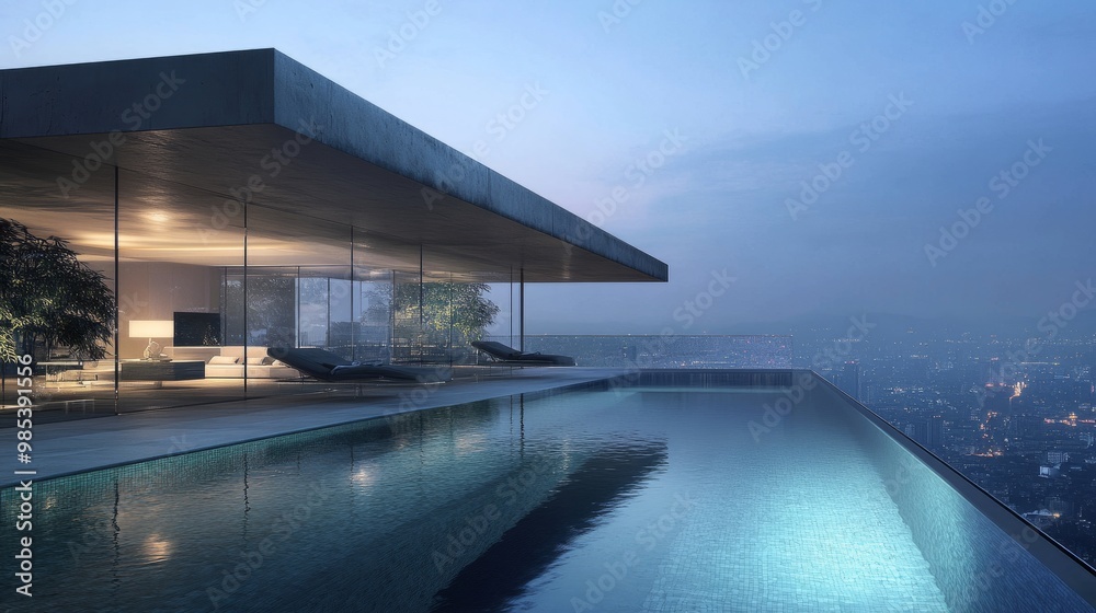 Fototapeta premium Rooftop swimming pool on a modern home with glass walls, offering stunning views of the surrounding cityscape.