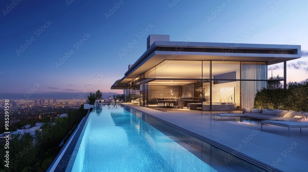 Rooftop swimming pool on a modern home with glass walls, offering stunning views of the surrounding cityscape. Rooftop swimming pool on a modern home with glass walls, offering stunning views of the surrounding cityscape.
