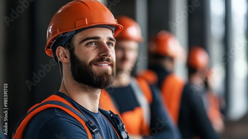 Construction Worker with Helmet and Orange Vest Smiling