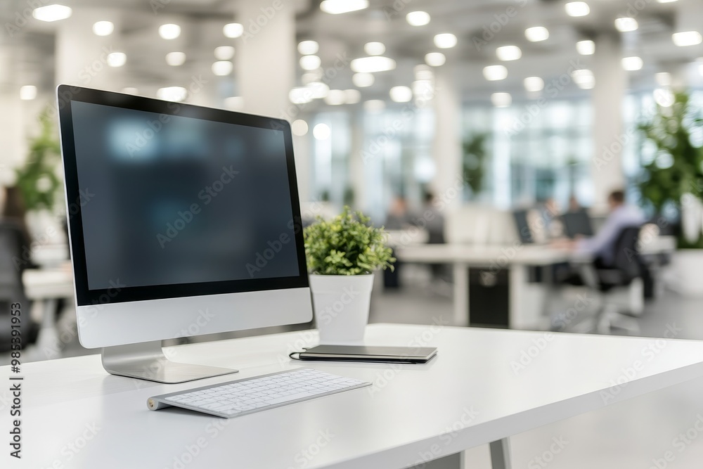 A modern computer monitor, keyboard and phone on a white desk with blurred background of a modern office with people working in the background. A modern computer monitor, keyboard and phone on a white desk with blurred background of a modern office with people working in the background.