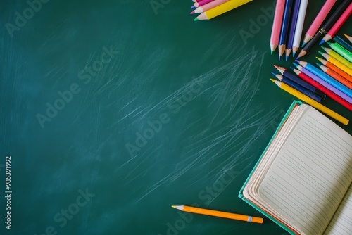 Blank green chalkboard with assorted colored pencils, a pen and an open notebook with lined pages. photo