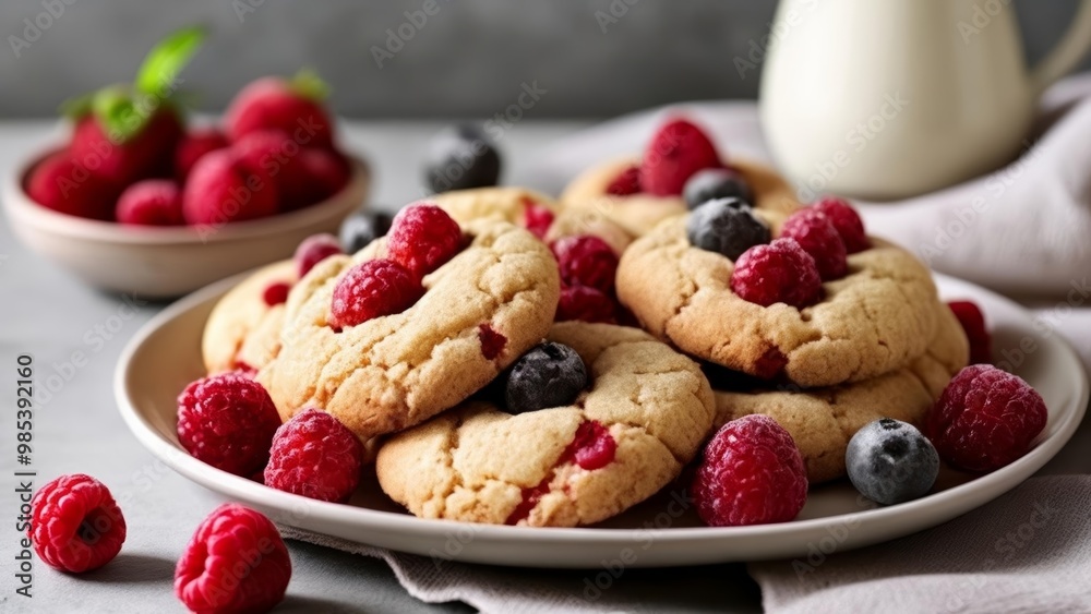Deliciously baked cookies topped with fresh berries Deliciously baked cookies topped with fresh berries