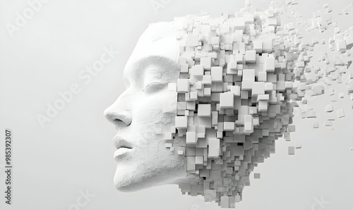 Abstract 3D sculpture of a human face, with cubes exploding outwards.