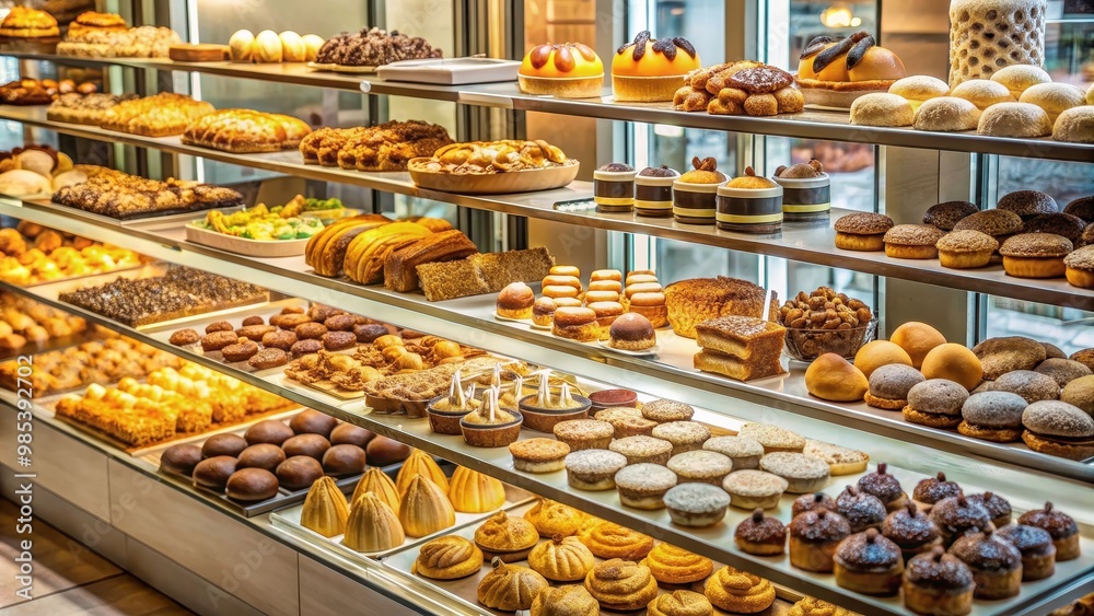 Bakery display filled with a variety of pastries and desserts, bakery, display, pastries, desserts