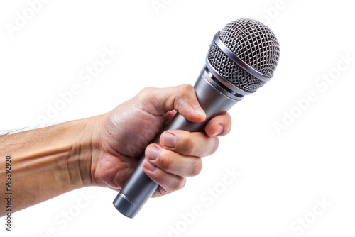 hand holding microphone isolated on a white background photo