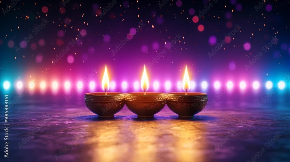 Diwali oil lamps, colorful bokeh lights, warm glow, vibrant and festive celebration Diwali oil lamps, colorful bokeh lights, warm glow, vibrant and festive celebration